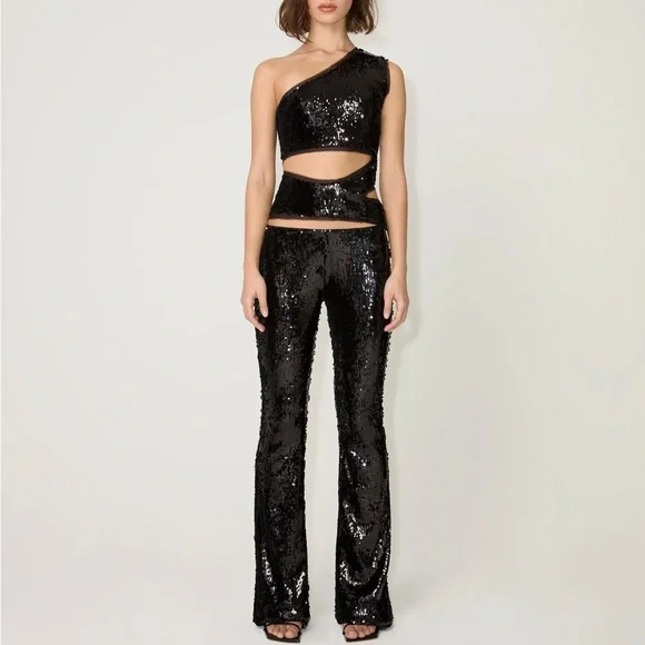KHY X Sia Arnika one shoulder black sequin top with cut outs - Picture 3 of 10